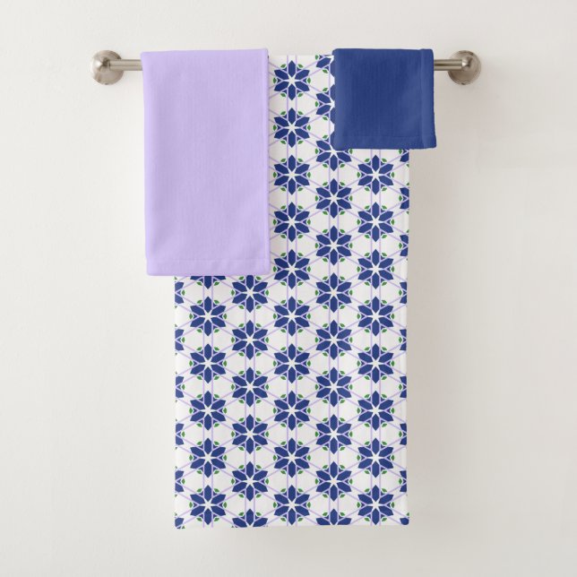 Navy Blue Floral Mosaic Bath Towel Set (Insitu)