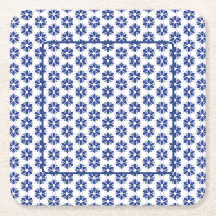 Navy Blue Floral Mosaic Square Paper Coaster