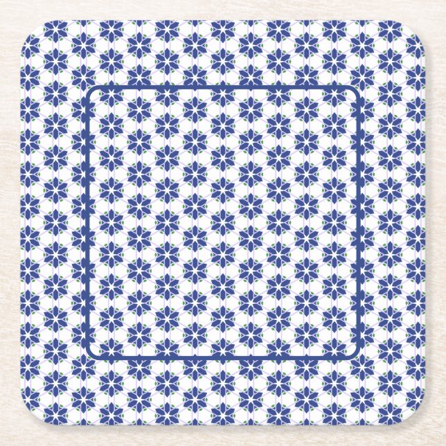 Navy Blue Floral Mosaic Square Paper Coaster (Front)