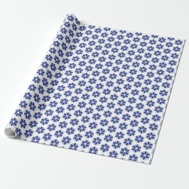 Navy Blue Floral Mosaic Wrapping Paper (Unrolled)