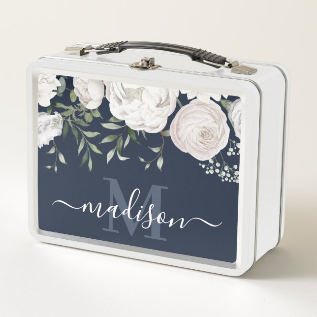 Navy Blue Floral Name Monogram Metal Lunch Box (Front)