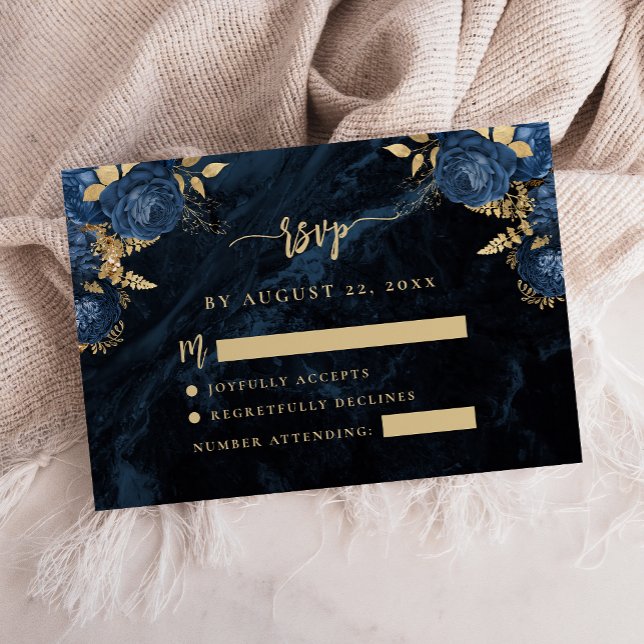 Navy Blue Floral Pale Gold Script Wedding RSVP Enclosure Card (Creator Uploaded)
