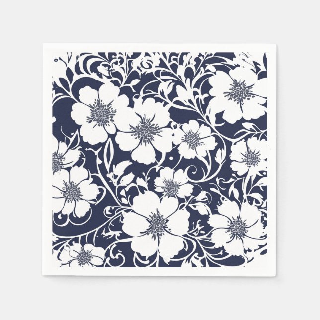 Navy Blue Floral Paper Napkins  (Front)