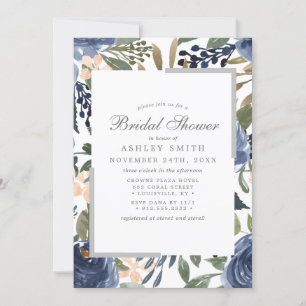 Navy Blue Floral Pattern Watercolor Bridal Shower Invitation