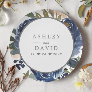 Navy Blue Floral Pattern Watercolor Wedding Paper Plate