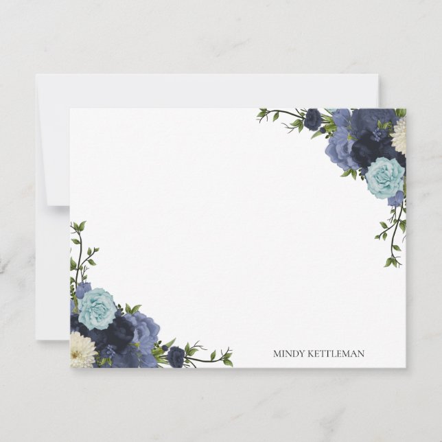 Navy Blue Floral Personalise and Monogram Note Car Card (Front)