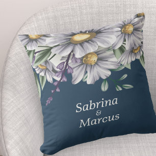 Navy Blue Floral Personalised Wedding Cushion