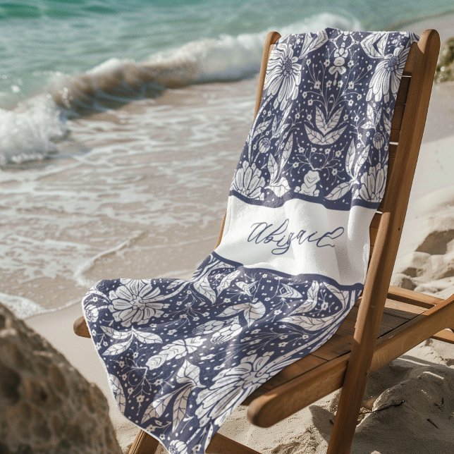 Navy Blue Floral Personalised William Morris Style Beach Towel (Creator Uploaded)