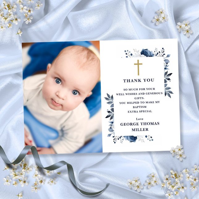 Navy Blue Floral Photo Baptism Christening Thank You Card (Navy Blue Floral Photo Baptism Christening Thank You Card)
