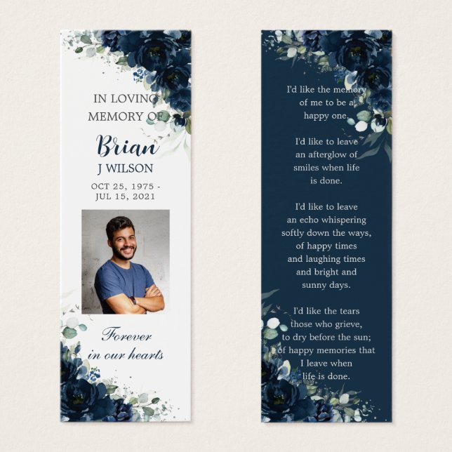 Navy Blue Floral Photo Funeral Memorial Bookmark (Front & Back)