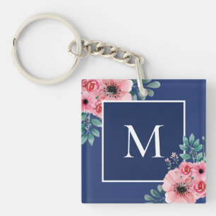 Navy Blue Floral Photo Monogram Key Ring