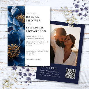 Navy Blue Floral Photo QR Code Bridal Shower Invitation