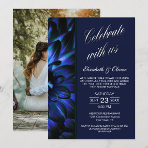 Navy Blue Floral Photo Wedding Reception Invitation