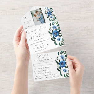 Navy Blue Floral Photo Winter Wedding All In One Invitation