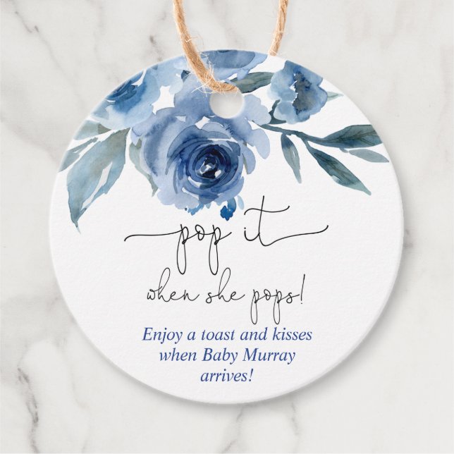Navy blue floral Pop it when she pops Favour Tags (Front)
