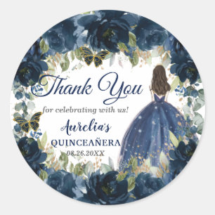 Navy Blue Floral Princess Butterflies Favour Classic Round Sticker