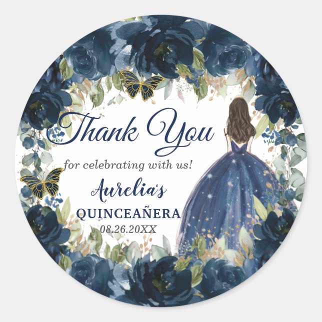Navy Blue Floral Princess Butterflies Favour Classic Round Sticker (Front)