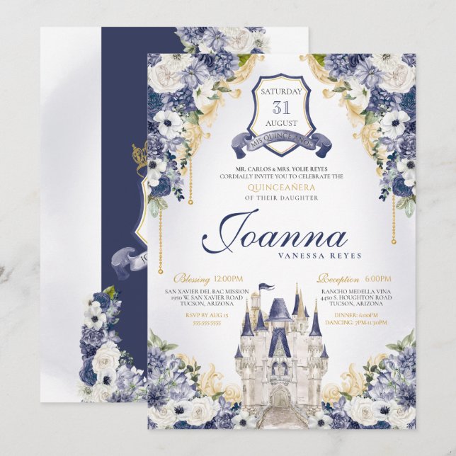 Navy Blue Floral Princess Castle Royal Quince Invitation (Front/Back)