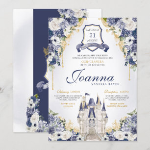 Navy Blue Floral Princess Castle Royal Quince Invitation