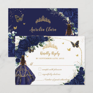 Navy Blue Floral Princess Dress Quinceañera XV 15 RSVP Card
