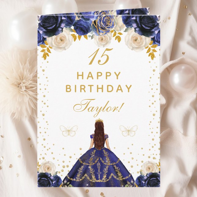 Navy Blue Floral Princess Happy Birthday Card (Creator Uploaded)