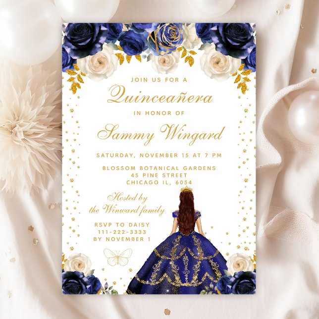 Navy Blue Floral Princess Quinceañera Invitation (Creator Uploaded)