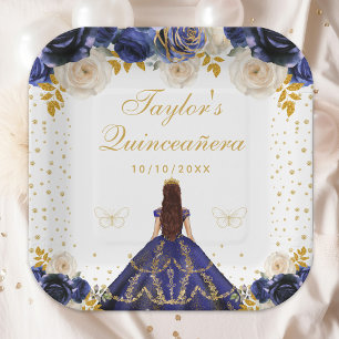 Navy Blue Floral Princess Quinceañera Paper Plate