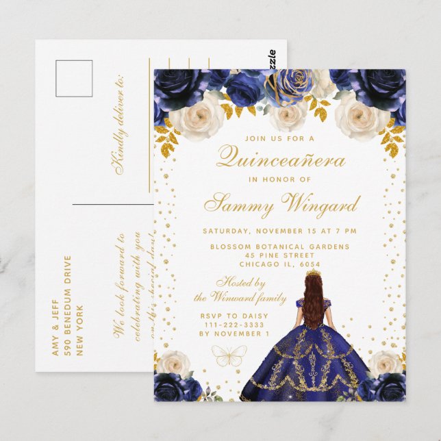 Navy Blue Floral Princess Quinceañera Postcard (Front/Back)