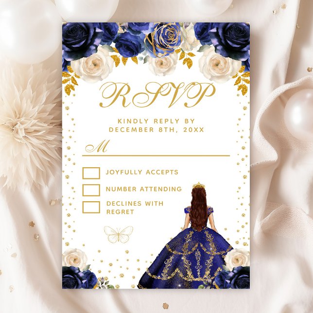 Navy Blue Floral Princess Quinceañera RSVP Card (Creator Uploaded)