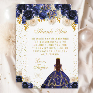 Navy Blue Floral Princess Quinceañera Thank You Card