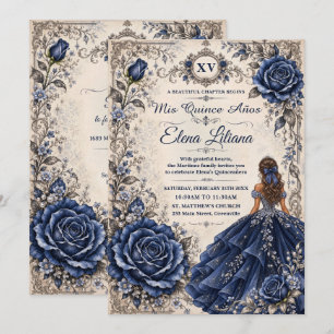 Navy Blue Floral Princess Vintage Quinceañera XV Invitation