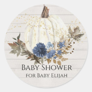 Navy Blue Floral Pumpkin Grey Wood Baby Shower Classic Round Sticker