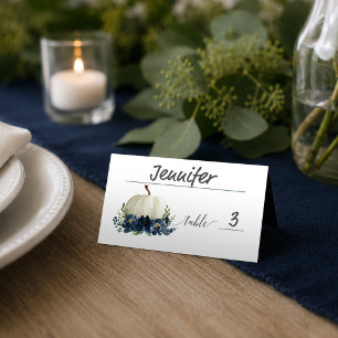 Navy Blue Floral Pumpkin Place Cards