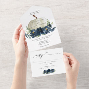Navy Blue Floral Pumpkin Wedding All In One Invitation