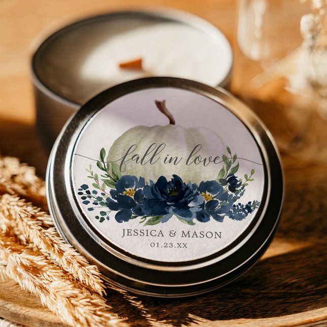 Navy Blue Floral Pumpkin Wedding Classic Round Sticker (Creator Uploaded)