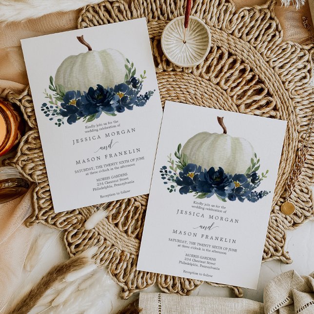 Navy Blue Floral Pumpkin Wedding Invitation (Creator Uploaded)