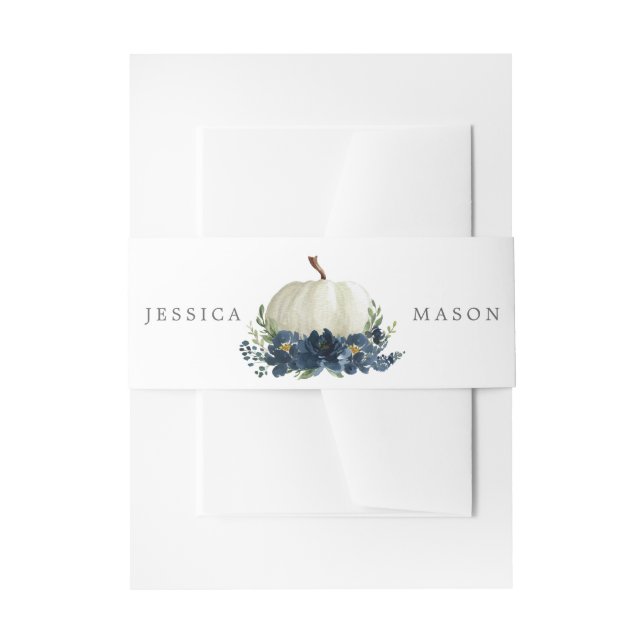 Navy Blue Floral Pumpkin Wedding Invitation Belly Band (Front Example)