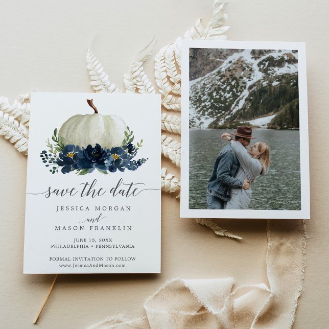 Navy Blue Floral Pumpkin Wedding Save the Dates Invitation (Creator Uploaded)