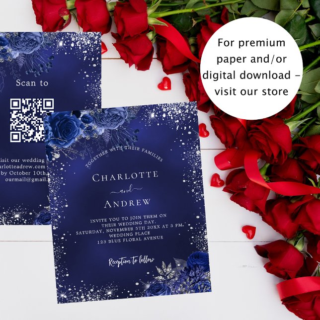 Navy blue floral QR RSVP budget wedding invitation Flyer (Creator Uploaded)