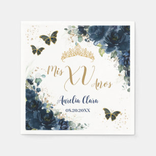 Navy Blue Floral Quinceanera Gold Butterflies Napkin