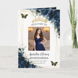 Navy Blue Floral Quinceañera Order of Events Photo Programme