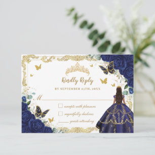 Navy Blue Floral Quinceañera Princess Crown Gold  RSVP Card