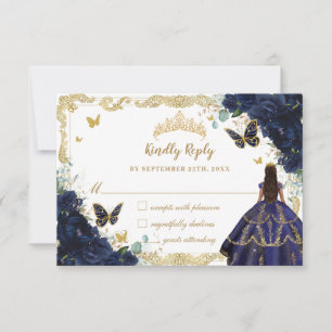 Navy Blue Floral Quinceañera Princess Dress Gold  RSVP Card