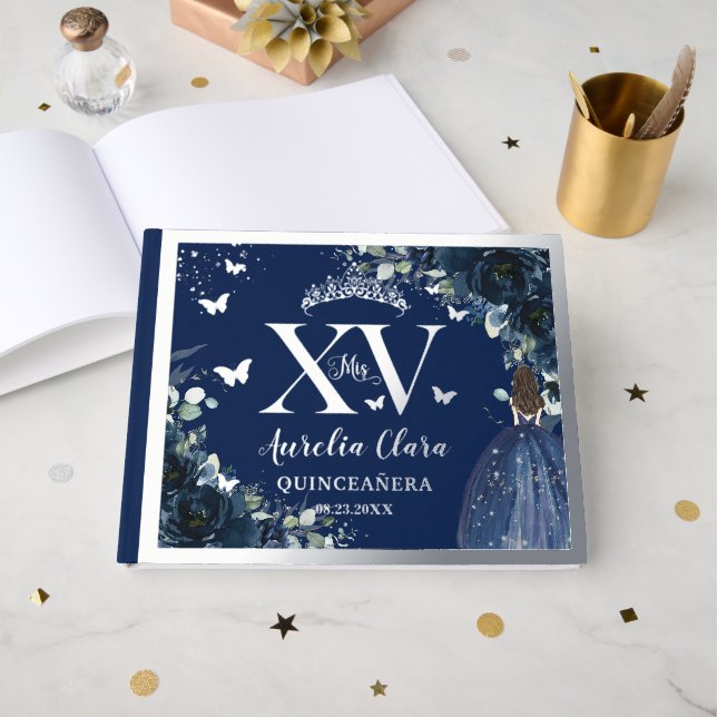 Navy Blue Floral Quinceañera Quince 15 Silver Guest Book (Front Open)