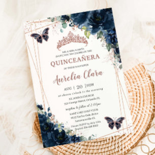 Navy Blue Floral Quinceañera Rose Gold Floral Invitation