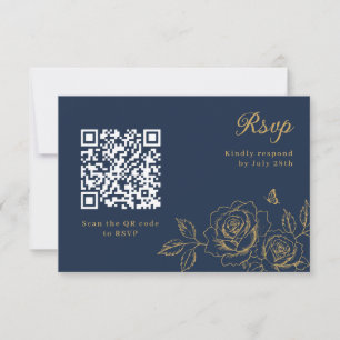 Navy Blue Floral Quinceañera RSVP QR Code Card