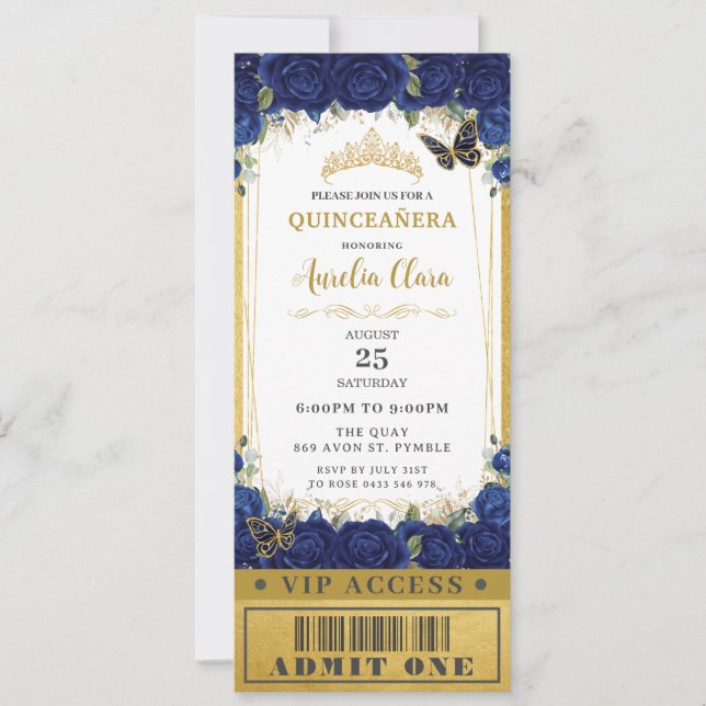 Navy Blue Floral Quinceañera Sweet 16 VIP Ticket Invitation (Front)