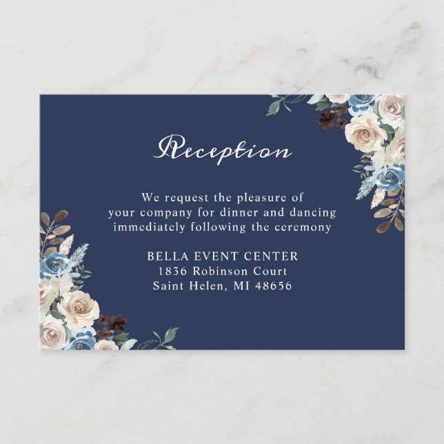 Navy Blue Floral Reception Details Card (Front)