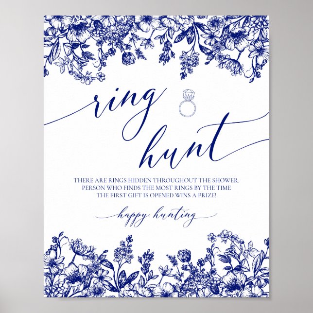 Navy Blue Floral Ring Hunt Bridal Shower Game Sign (Front)