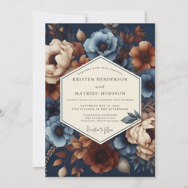 Navy Blue Floral Romance Wedding Invitation (Front)